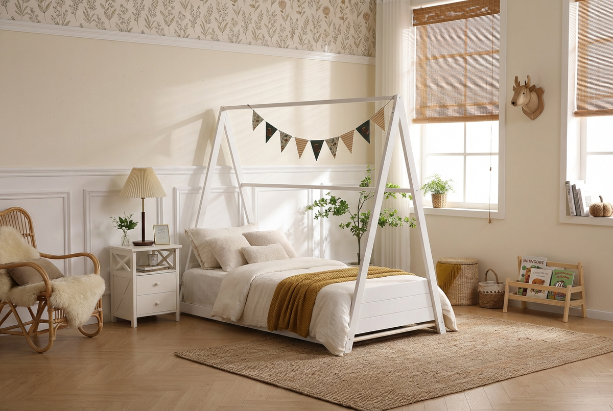 Lit cabane Montessori enfant 90x190 cm pin massif sommier inclus TIPI – Blanc