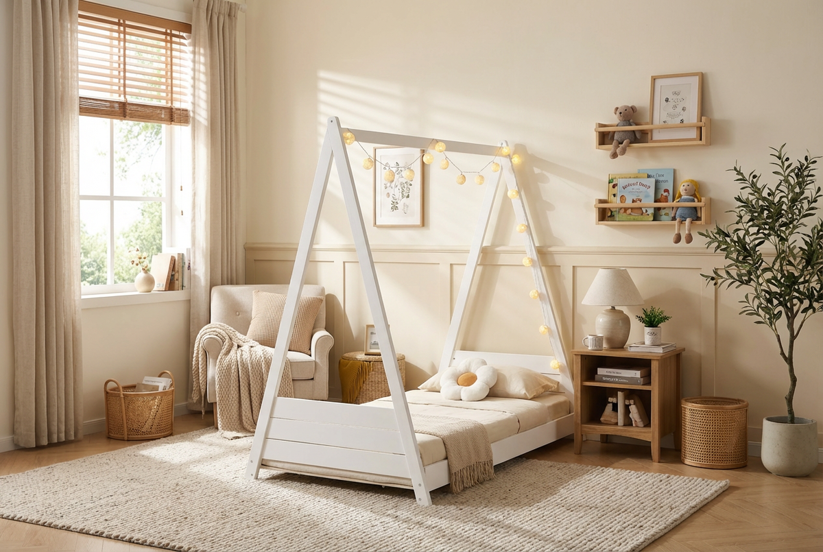 Lit cabane Montessori enfant 90x190 cm pin massif sommier inclus TIPI – Blanc