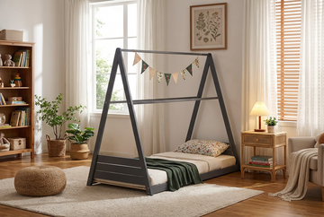 Lit cabane Montessori enfant 90x190 cm pin massif sommier inclus TIPI – Gris