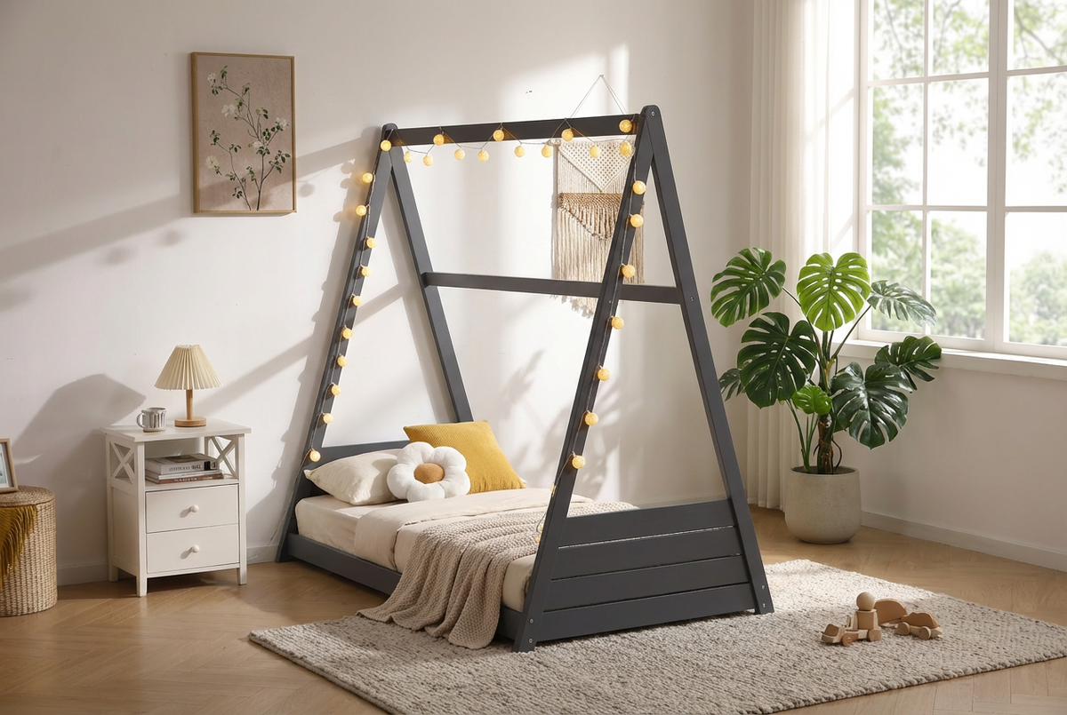 Lit cabane Montessori enfant 90x190 cm pin massif sommier inclus TIPI – Gris