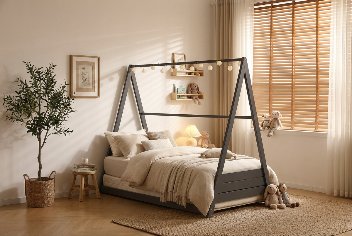 Lit cabane Montessori enfant 90x190 cm pin massif sommier inclus TIPI – Gris