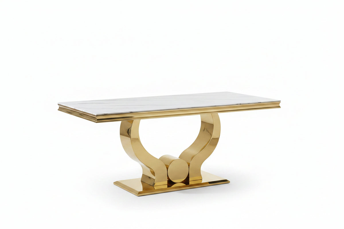 Table a manger verre effet marbre blanc pied gold 150x90 cm TROFY
