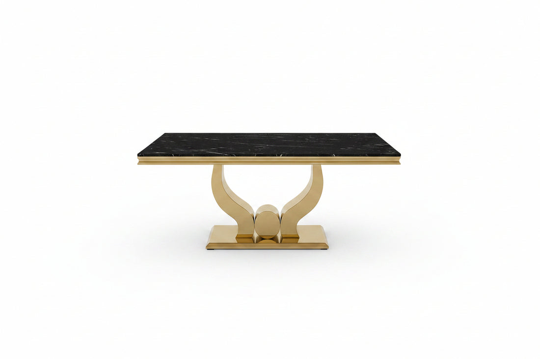 Table à manger TROFY 4 à 6 personnes 150x90 cm Gold verre effet marbré noir