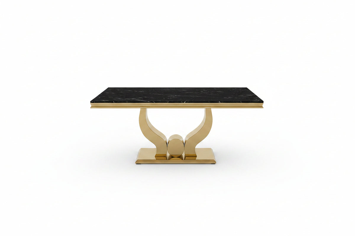 Table à manger TROFY 4 à 6 personnes 150x90 cm Gold verre effet marbré noir