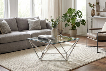Table Basse Carrée Plateau Verre Trempé Transparent Pieds Chrome 80x80x45cm