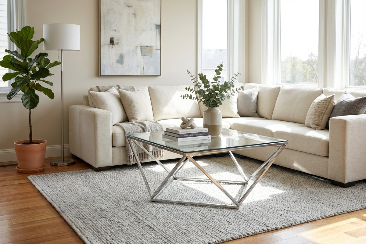 Table Basse Carrée Plateau Verre Trempé Transparent Pieds Chrome 80x80x45cm