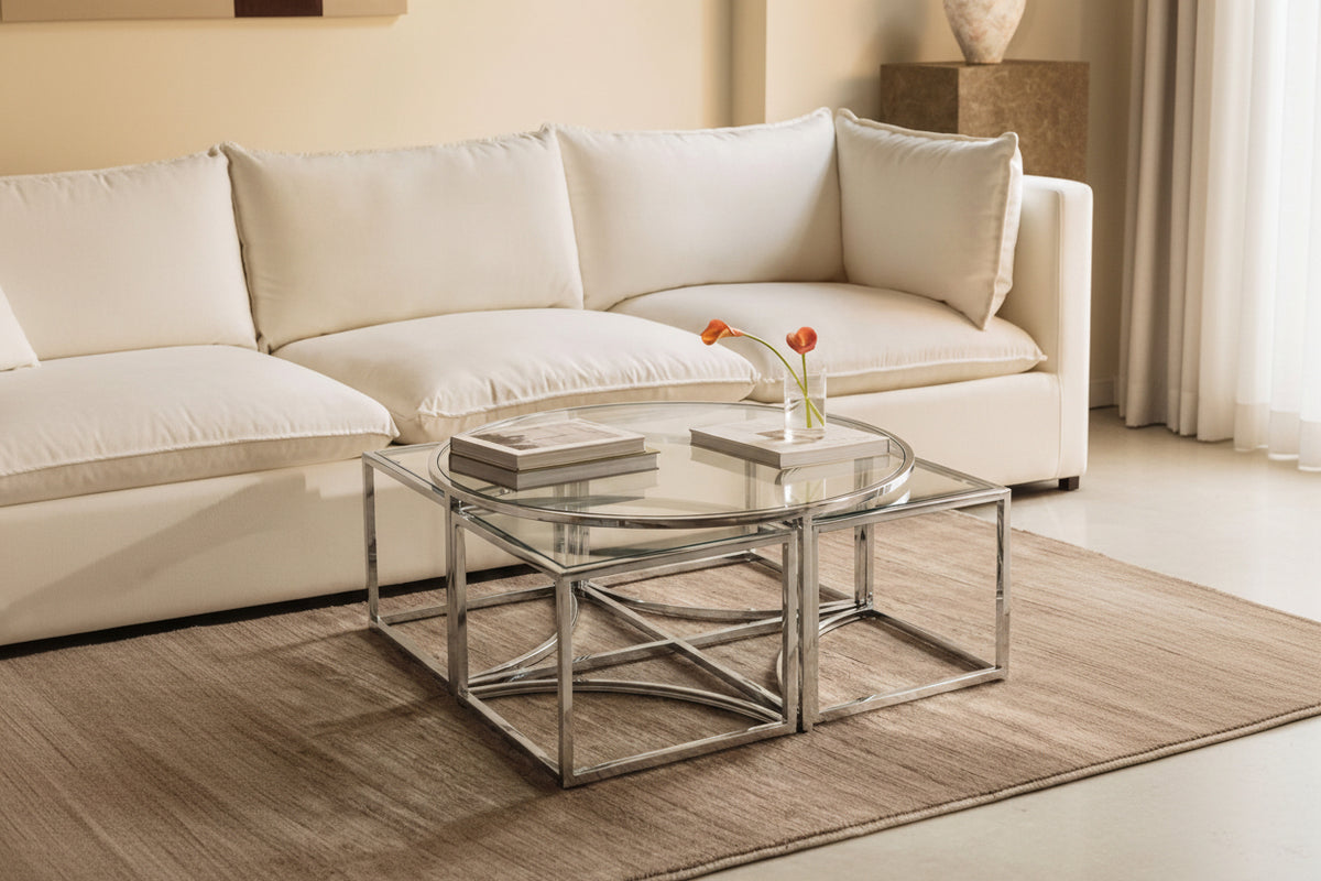 Table basse ronde verre chromé 90 cm modulable gigognes salon - ELVE