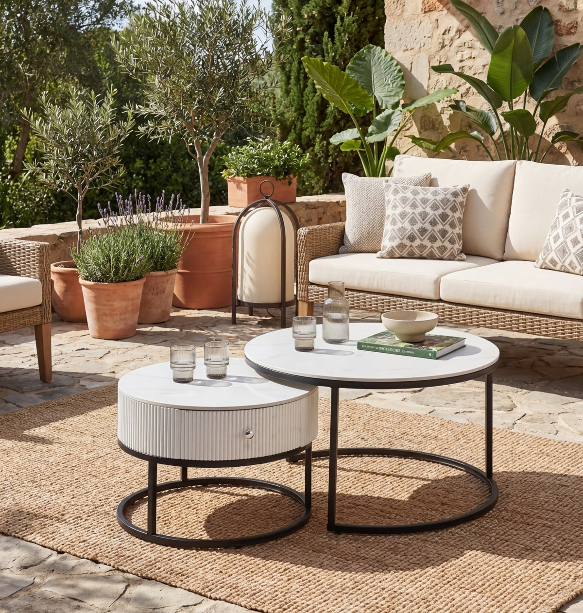 Tables basses gigognes céramique marbre blanc métal noir 80+60 cm SAMIRA