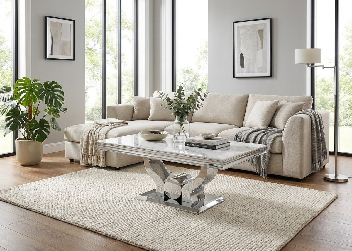 Table Basse Chrome plateau effet Marbré Blanc 120x70 cm TROFY