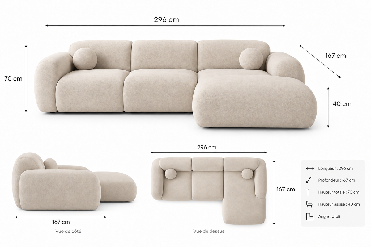 Canapé d’angle arrondi Tissu Cremona beige Cloud Bis - Angle Droit
