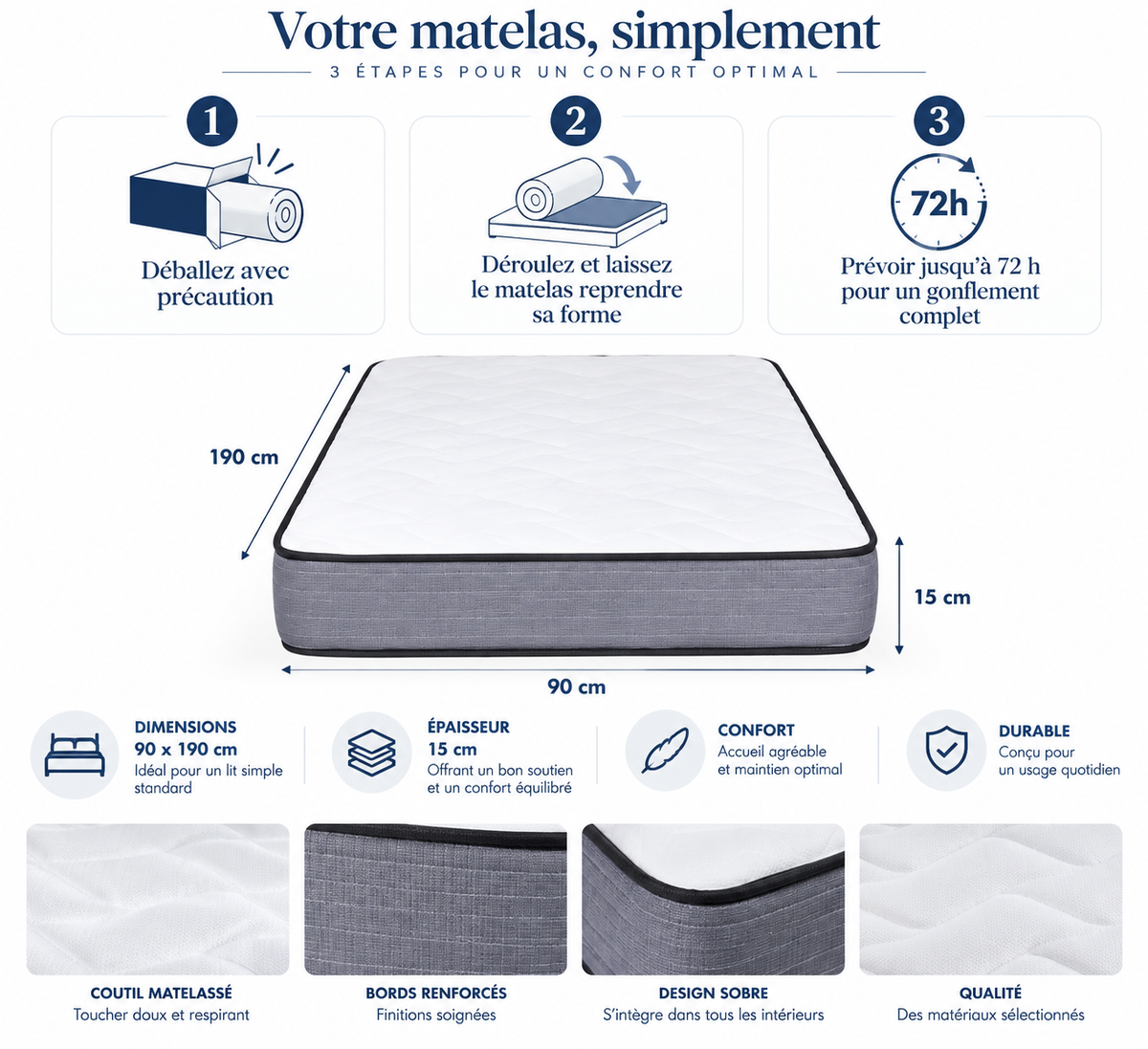 Matelas roulé mousse haute densité accueil ferme 90x190 cm épaisseur 20 cm