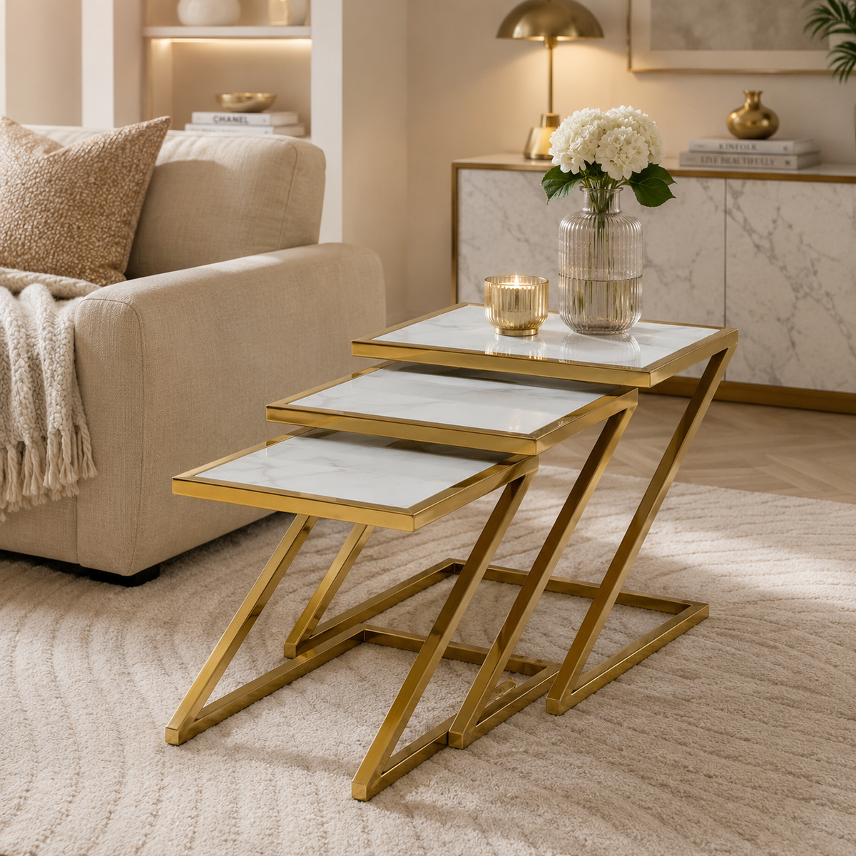 Guéridon Gigogne Z Gold & Céramique Marbre Blanc – 45x45 / 40x40 / 35x35 cm #couleur_marbre_blanc