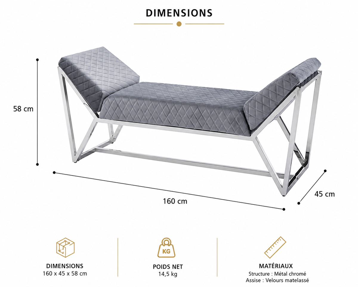 Banquette LOUNGE XXL Chrome en velours Gris