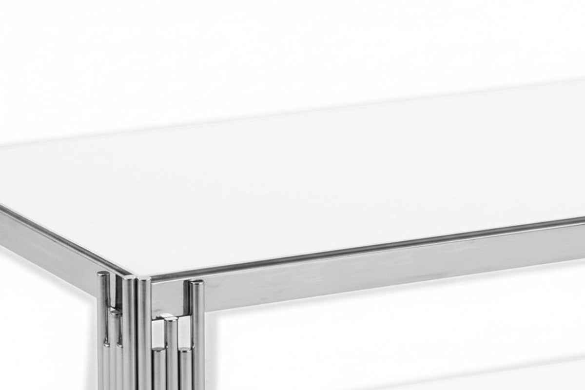 Table Basse FLUTE Rectangle Double Plateau Verre Trempé Blanc Structure Chrome 120x60x45cm