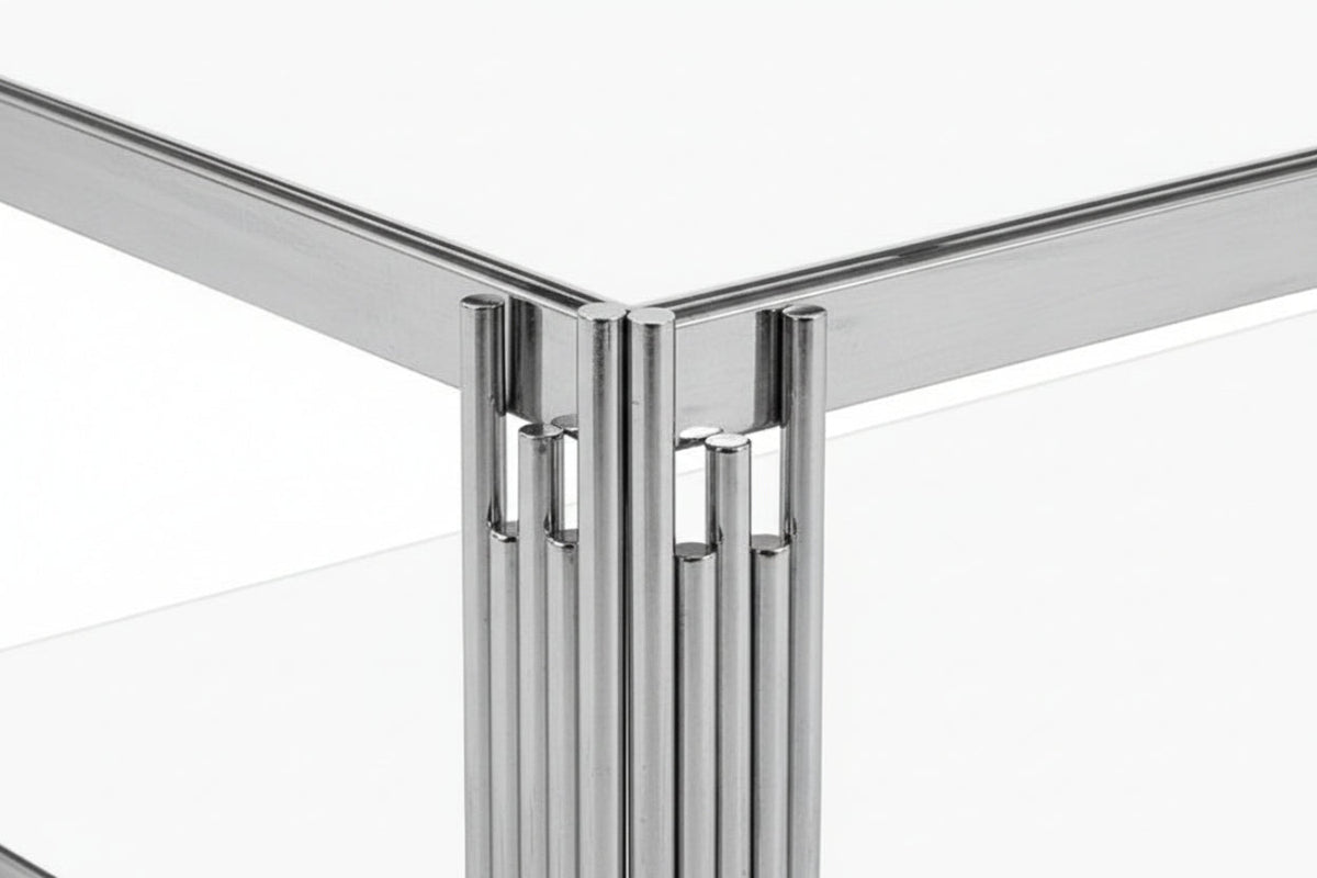 Table Basse FLUTE Rectangle Double Plateau Verre Trempé Blanc Structure Chrome 120x60x45cm