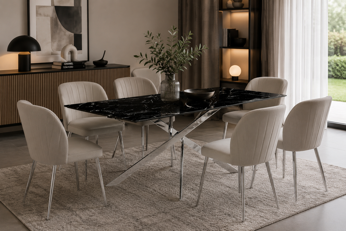 Table Repas JESSICA XXL Chrome et plateau en verre MARBRE NOIR 180 cm 6 à 8 couverts