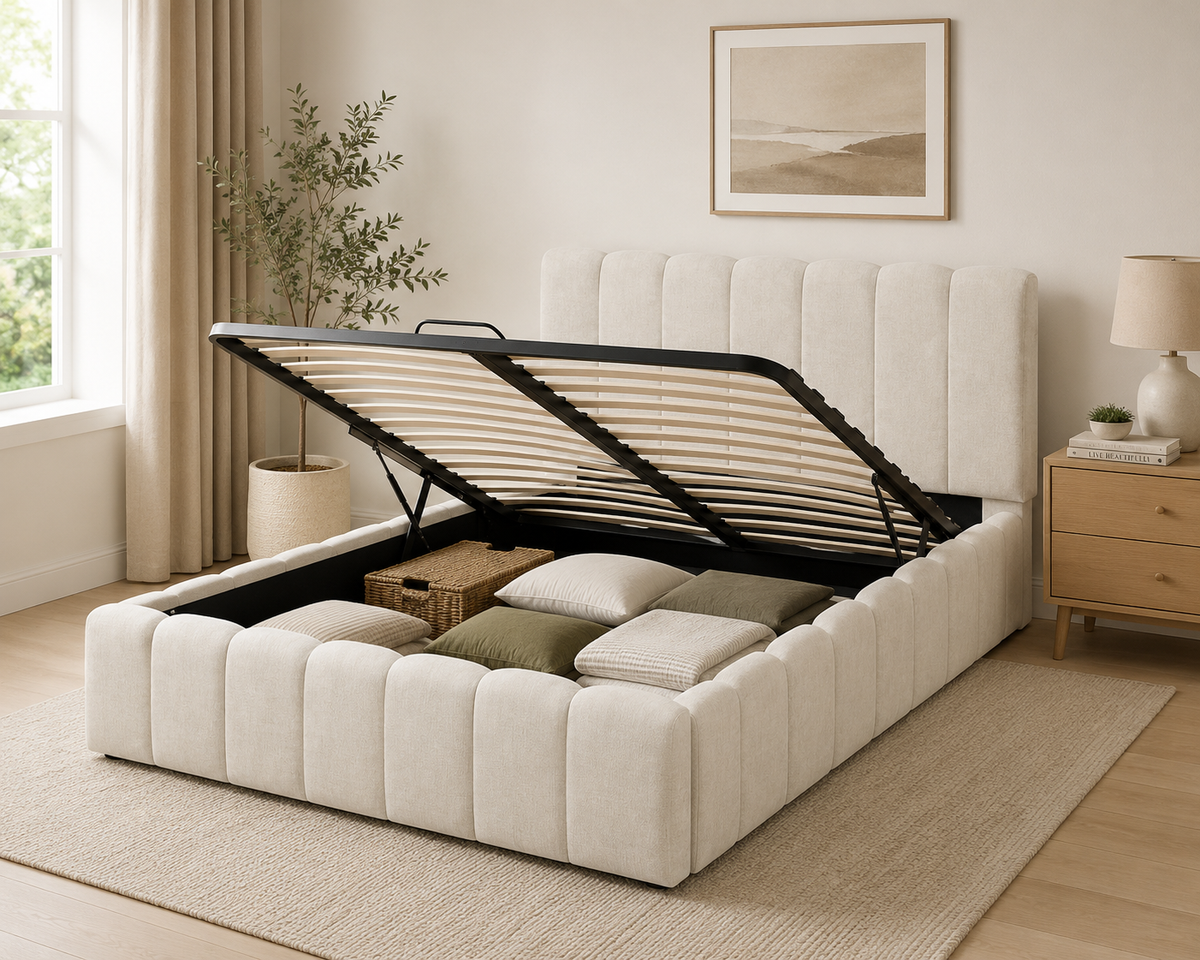 Lit Coffre 140x190 cm –  Tissu Chenille Beige , Sommier à Lattes Inclus
