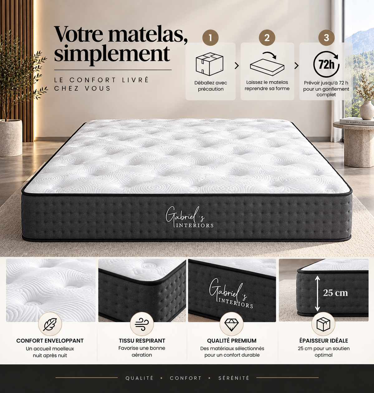 Matelas MERIDIEN à ressorts ensachés 140x190 cm épaisseur 25 cm