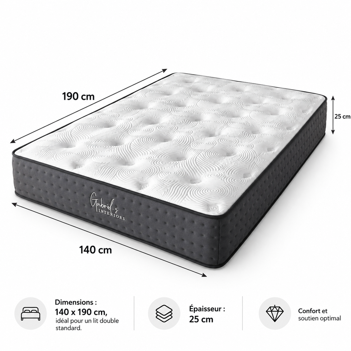 Matelas MERIDIEN à ressorts ensachés 140x190 cm épaisseur 25 cm