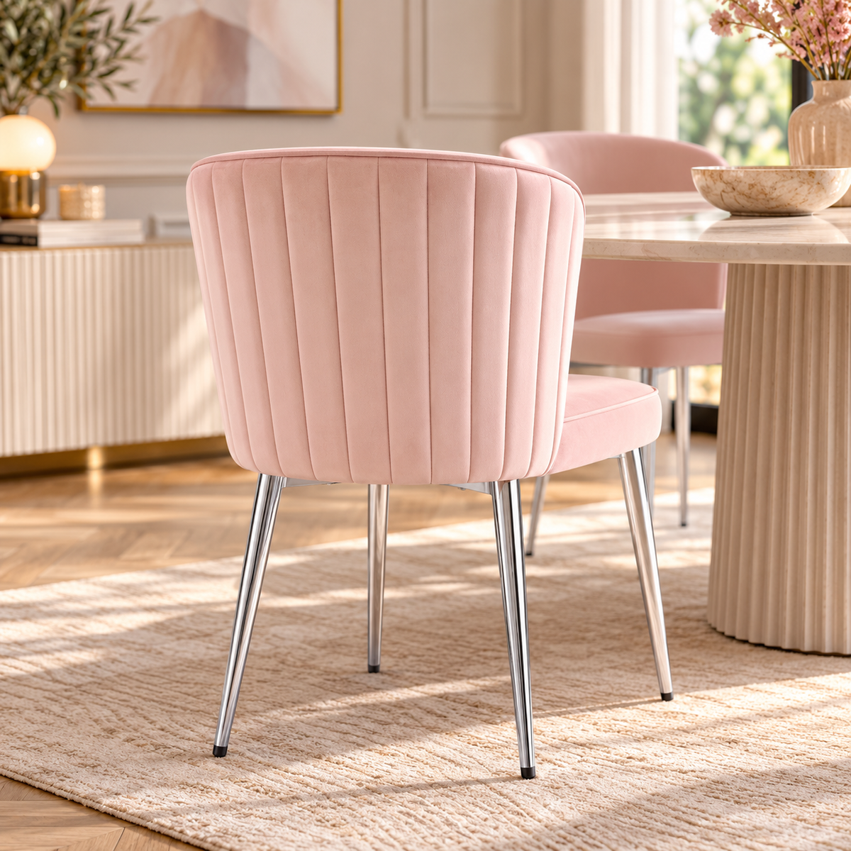 Lot de 4 chaises moderne DIANA chrome velours - Rose