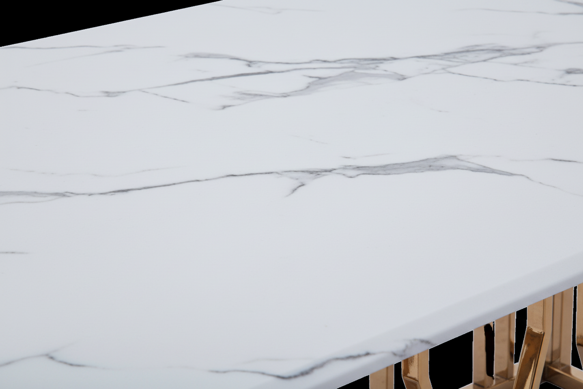 Table Basse PORTOFINO Plateau Verre Trempé Effet Marbré Blanc Pieds Gold 120x70x45cm