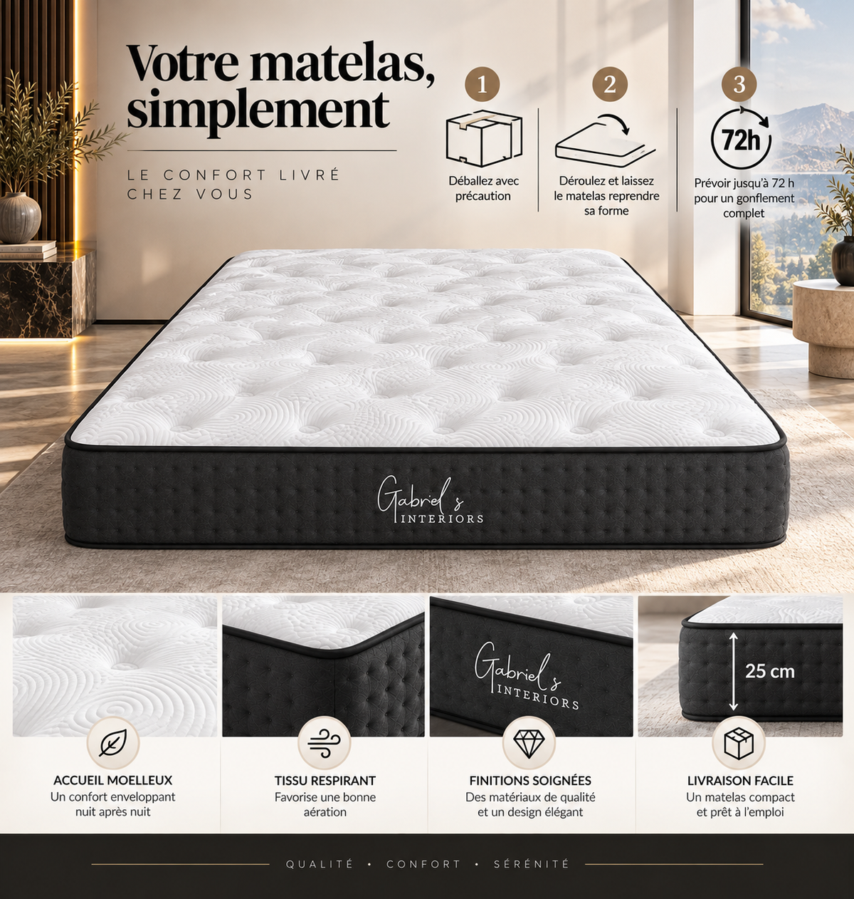 Matelas MERIDIEN à ressorts ensachés 180x200 cm épaisseur 25 cm