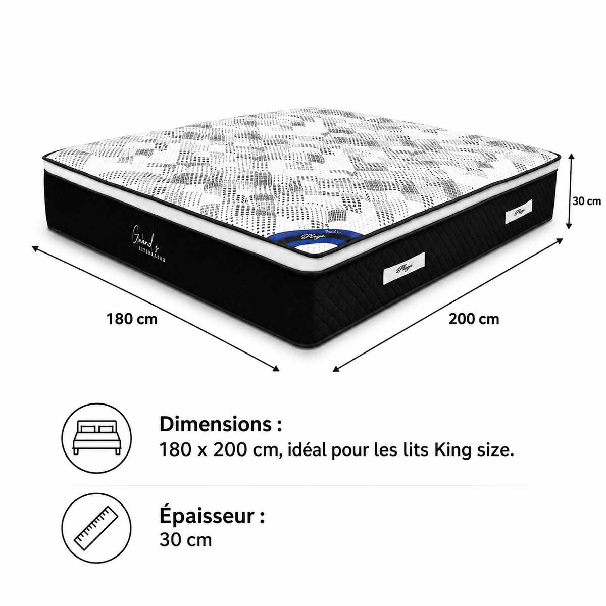 Matelas PLAZA à ressorts ensachés 180x200 cm épaisseur 30 cm