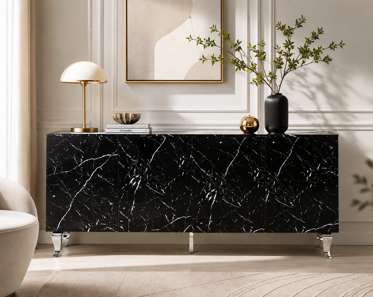 Buffet BAROQUE – Laqué Marbre Noir Pieds Chrome – 4 Portes – 180x40x80 cm
