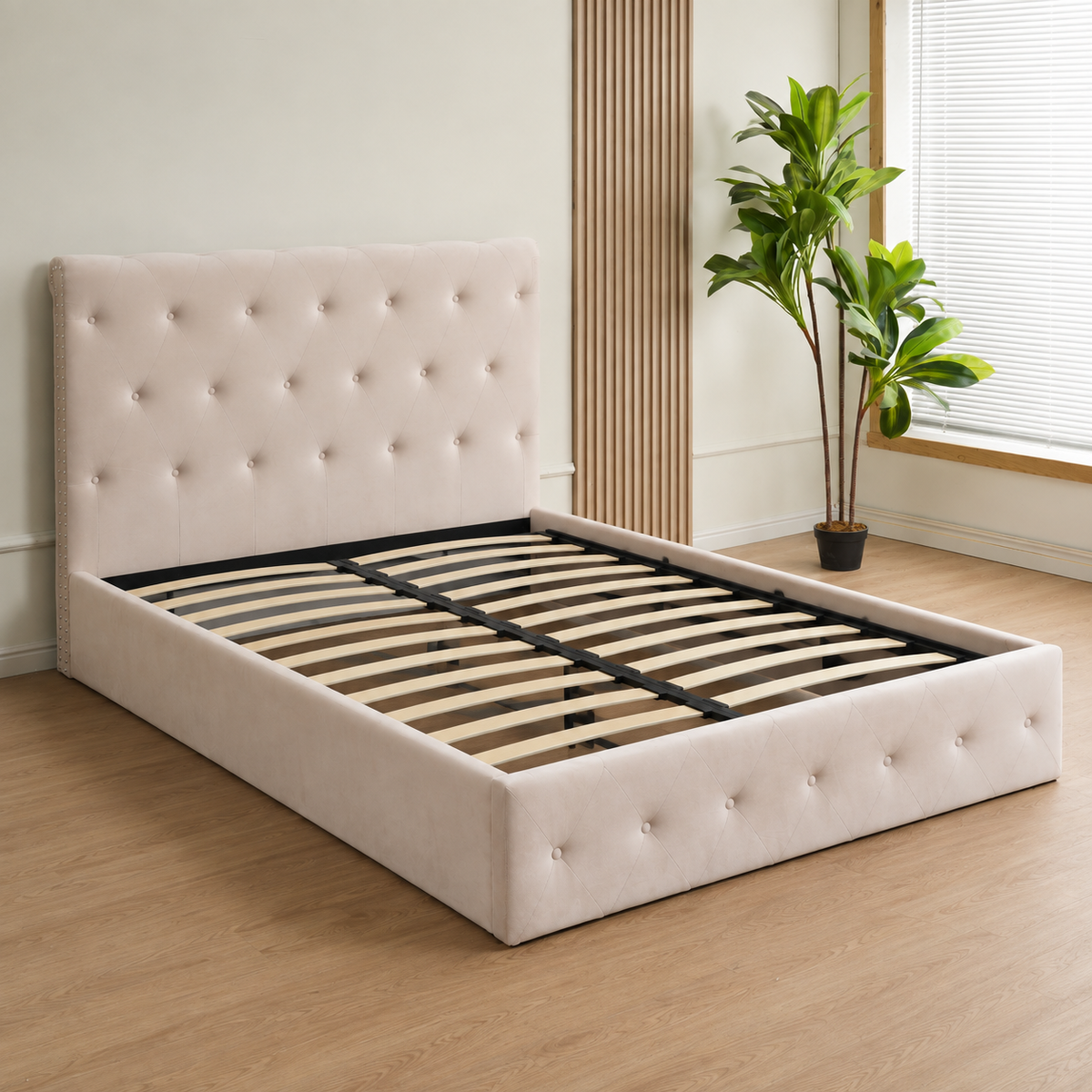 Lit coffre 2 places en velours beige 180x200cm CORSICA