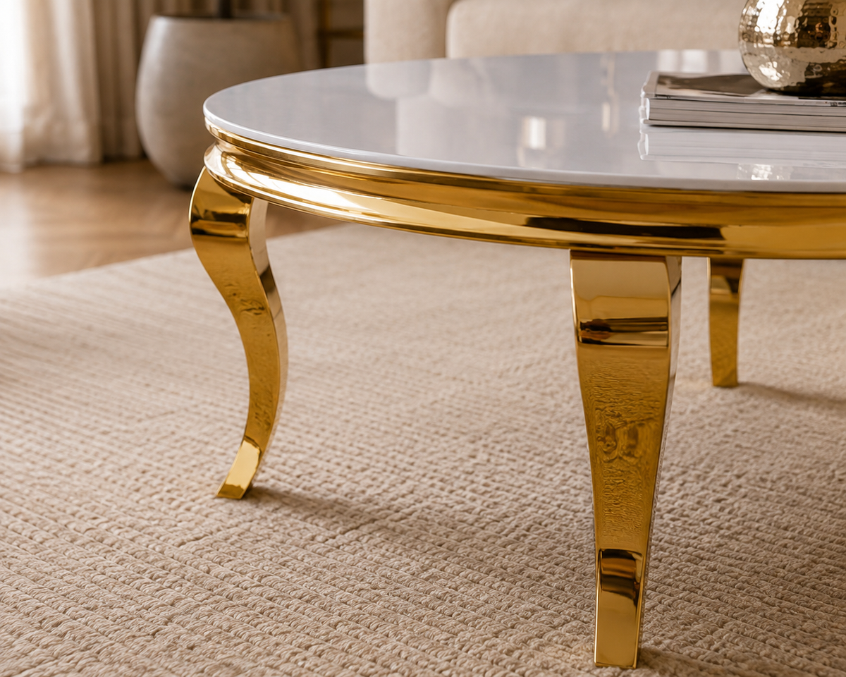 Table basse ronde baroque Gold et plateau en verre BLANC de 80 cm