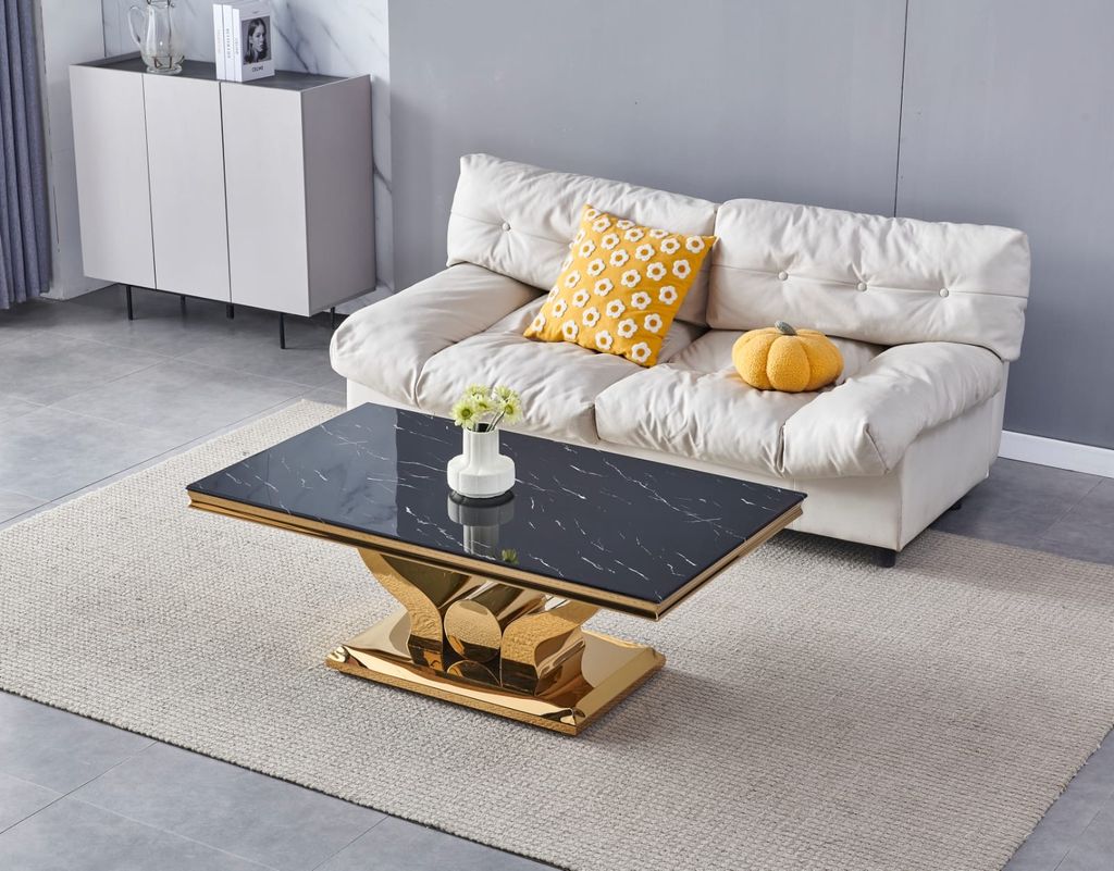 Table Basse Rectangle Verre Trempé Marbré Noir 120x70cm TROFY
