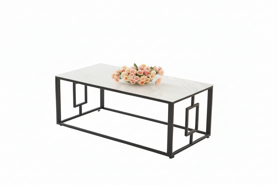 Table Basse SOPHIE Pieds Métal Noir Plateau Verre Trempé Marbré Blanc 120x60x45cm