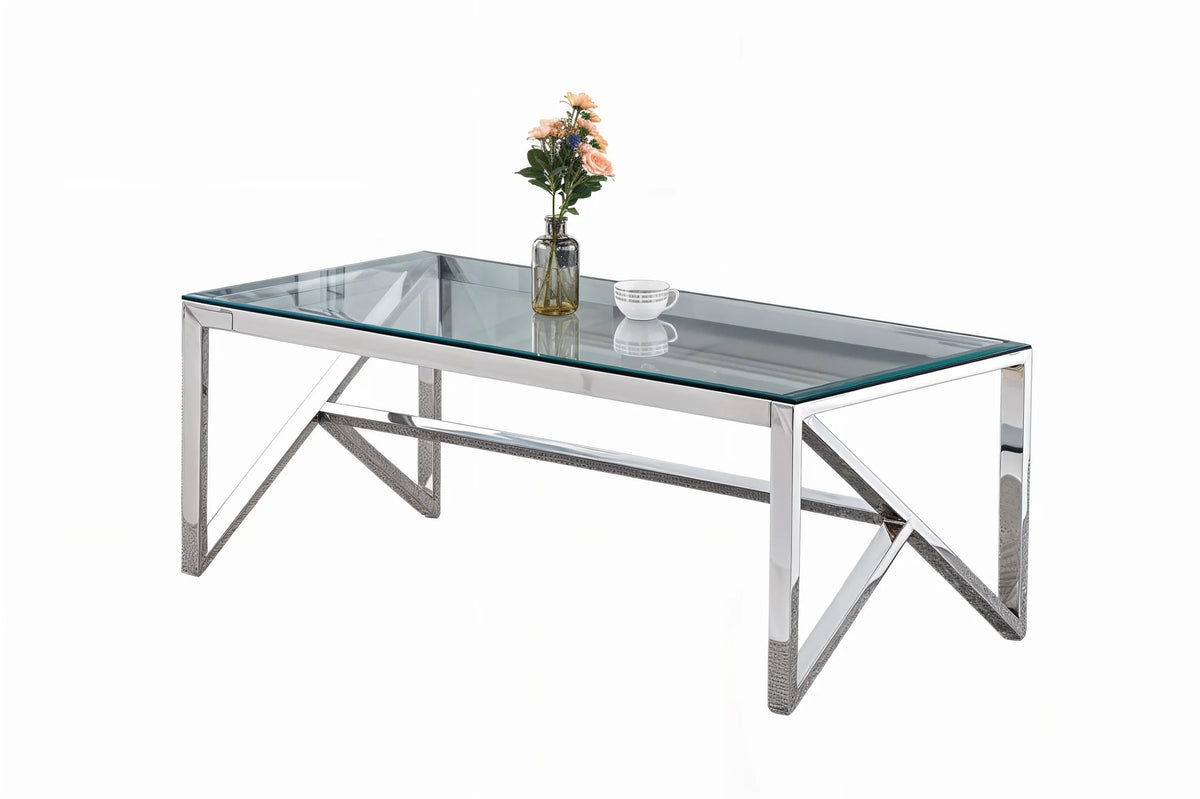 Table Basse MAJESTIQUE Rectangle Plateau Verre Trempé Transparent Pieds Chrome 120x60x45cm