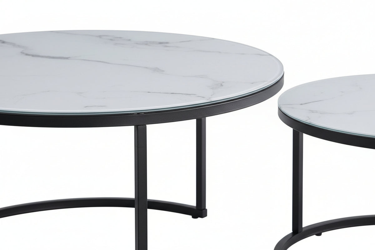 Lot 2 tables basses gigognes rondes effet marbré blanc D80 D60 ARTO