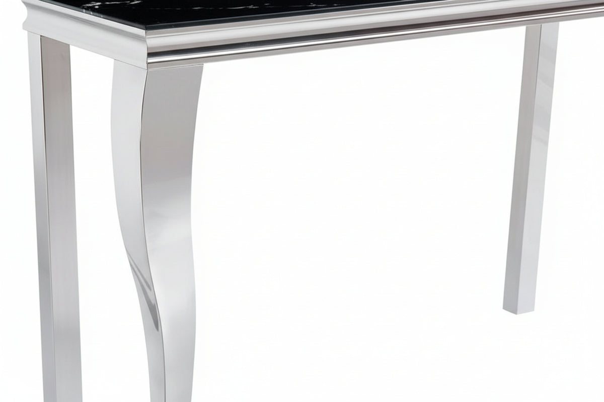 Console métal chrome plateau verre trempé effet marbre noir 120cm BAROQUE