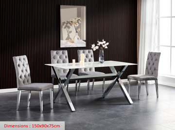 Table à manger IXE chrome verre trempé 150x90x75 cm #couleur_chrome_marbre_blanc