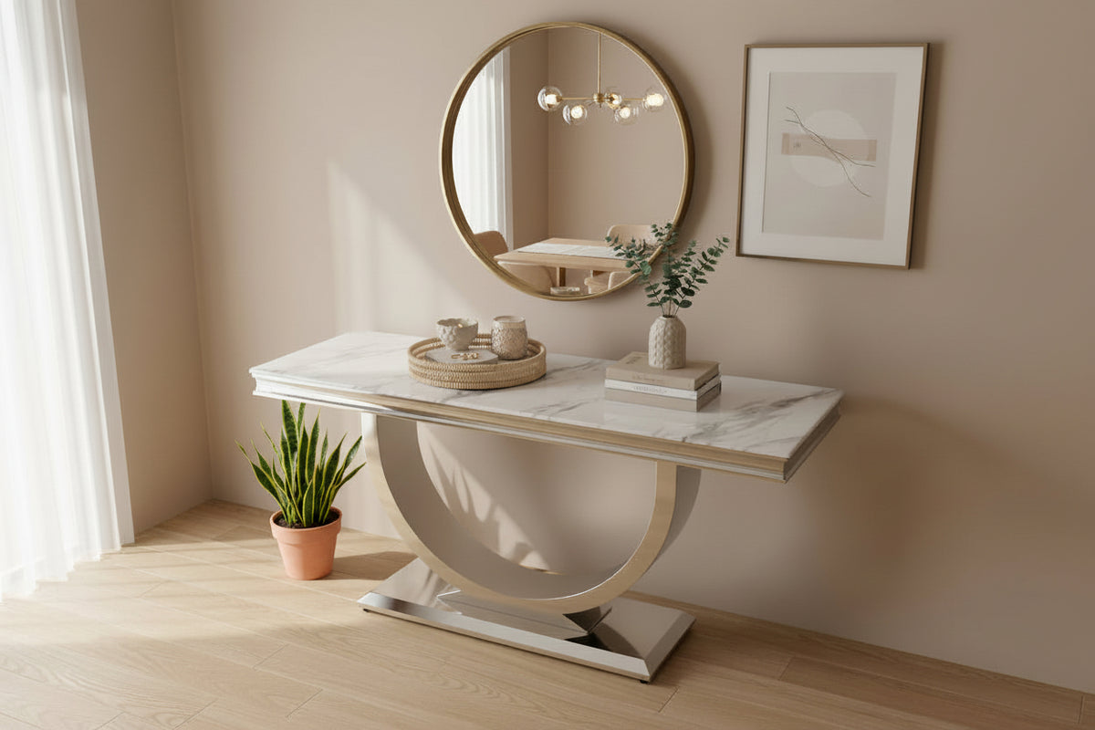 Console en métal chromé plateau effet marbre 120 cm OMEGA
