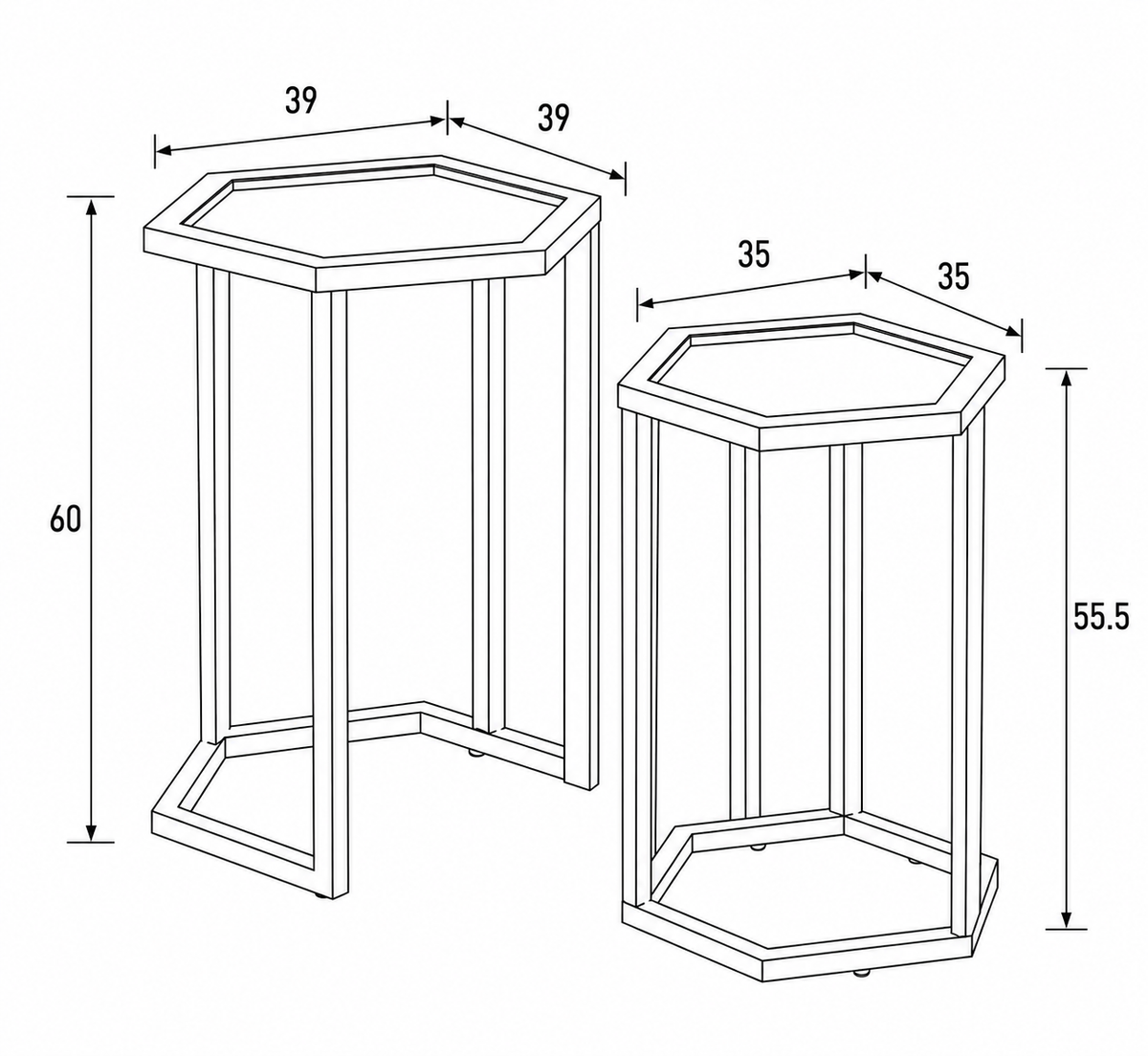 Set de 2 guéridons gigognes métal doré plateau verre trempé | forme hexagonale