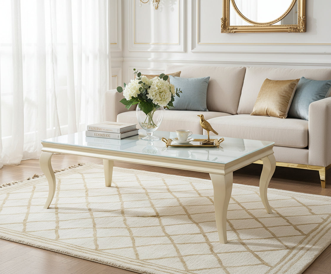 Table basse BAROQUE Gold 120x60x45 cm – Plateau blanc
